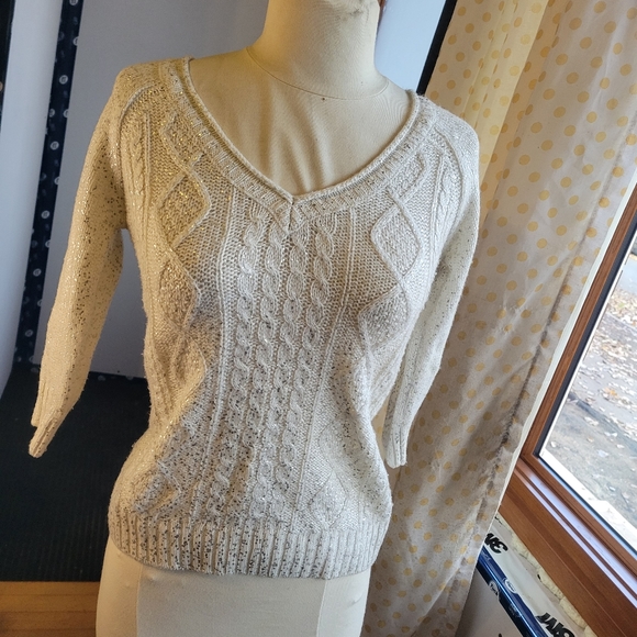 Silver speckled cable-knit v-neck sweater, Dynamite sz small - Picture 2 of 8